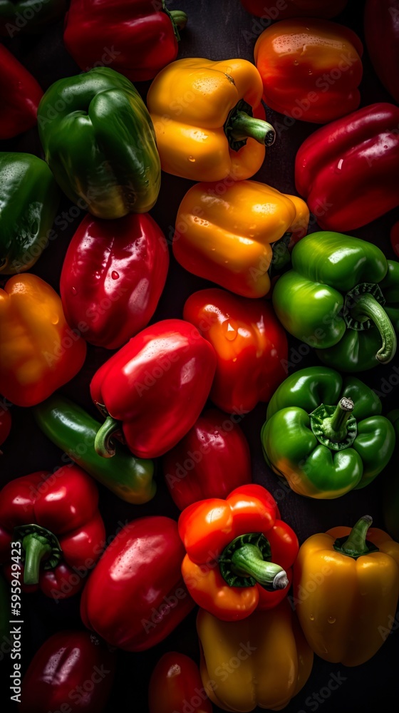 Top down view of fresh bell peppers with waterdrops. AI Generative Art. Top down view of fresh bell peppers with waterdrops. AI Generative Art.