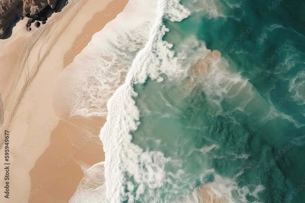 Top view of beautiful blue sea ocean with shallow waves and beach. Generative AI illustration