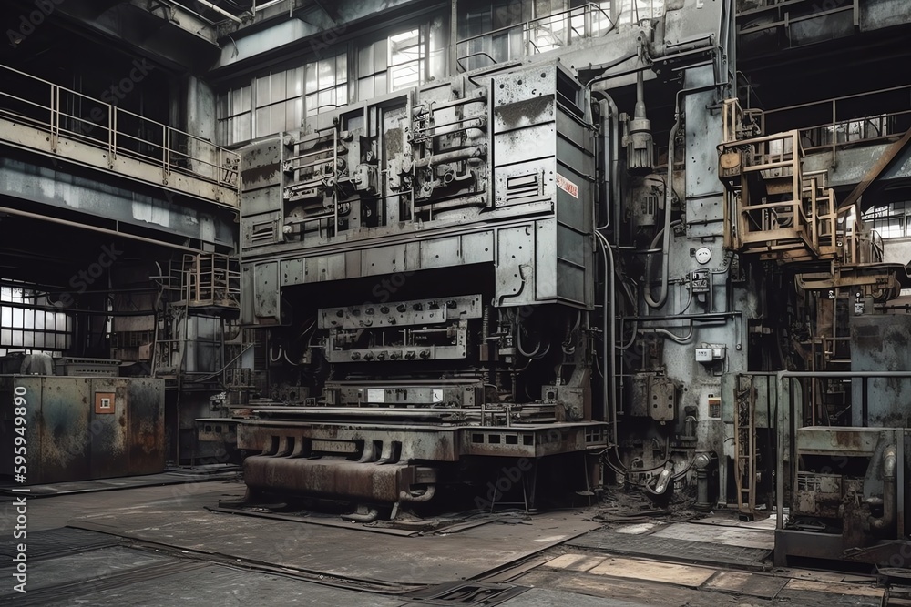 Modern metal industrial machinery with steel details illustrated in a contemporary factory building. Generative AI