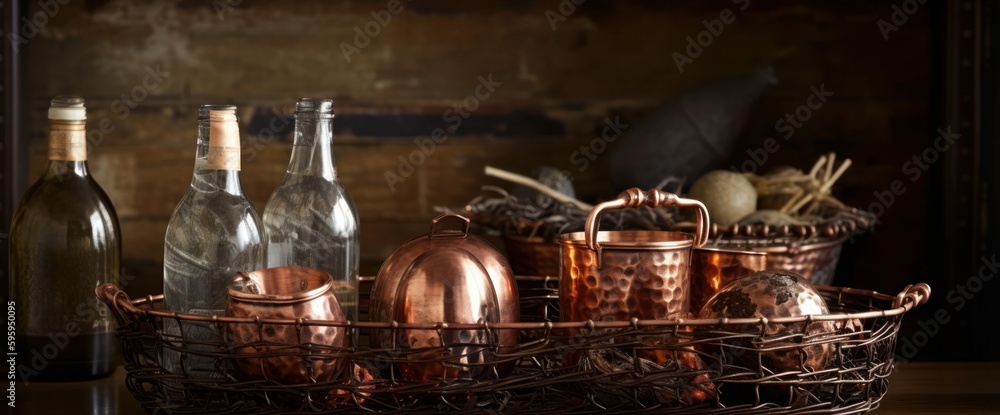 Nesting baskets in graduated copper, brass tones packed with beribboned bottles of olive oil, balsamic vinegar, aged wine for a kitchen table centerpiece. Generative AI