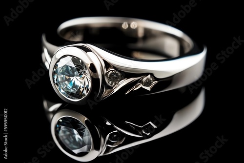 Reflective 3d Engagement Ring With Diamond In White Gold Or Silver. Generative AI © Pixel Matrix