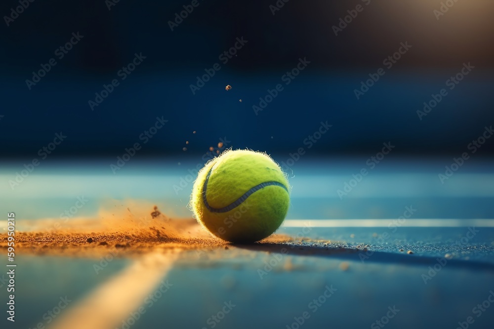 Tennis ball in motion blur on blue court. Generative AI