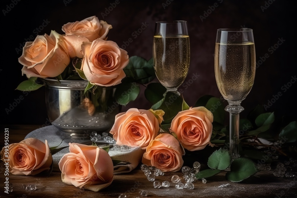 Valentines Day. Pink Peach Roses And Champagne. Generative AI