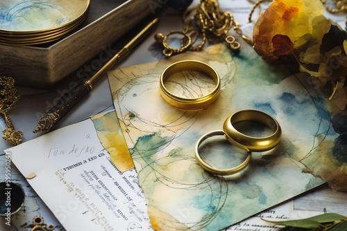 Two Gold Wedding Rings, Hand Drawn Watercolor Wedding Rings, Wedding Map, Invitations, And Cards. Generative AI