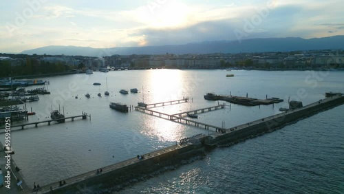 Lake Leman in the city of Geneva in Switzerland - aerial view by drone photo