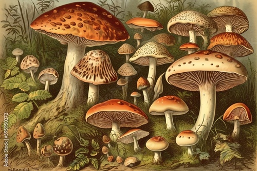 Vintage illustration of mushroom and toadstool collection by Adolphe Philippe Millot. Generative AI © Pixel Matrix