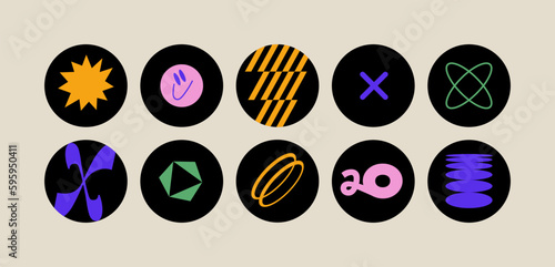 Vector set of template icons for social highlights, business in minimalist brutalist design. Bundle of futuristi Y2kc shapes and geometric figures