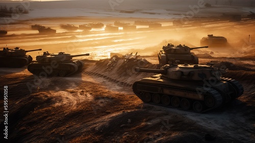 Convoy of Tanks Rumbles Across War-torn Desert Landscape Generative AI 