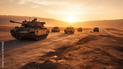 Convoy Tanks War-Torn Landscape Sunset Military Perseverance Generative AI	