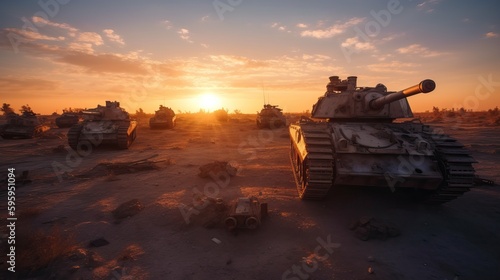 War-Torn Landscape Convoy Tanks Sunset Military Advance Generative AI 