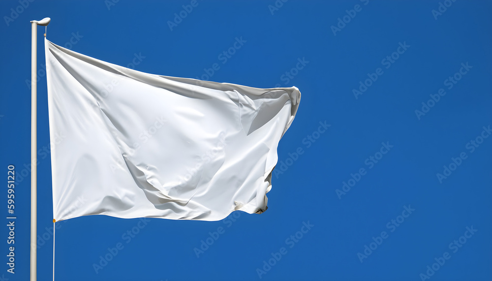 White flag waving in the wind on flagpole, isolated on blue backgroundWhite flag White flag waving in the wind on flagpole, isolated on blue backgroundWhite flag