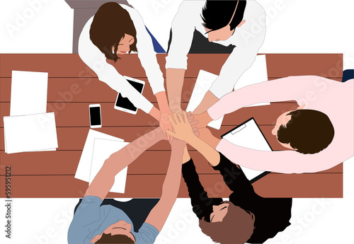 Top view of teams working together at table. Set of people planning an activity, business meeting, corporate, team building, group discussion and accomplish work goals Colored flat vector illustration