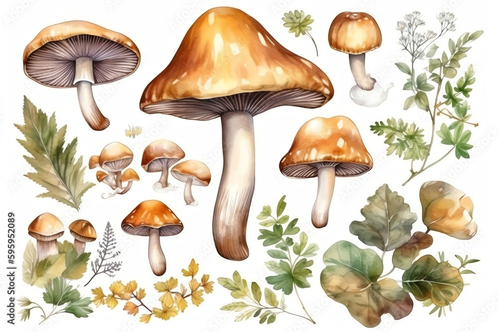Freshly illustrated isolated watercolor herbs set with champignon mushrooms. Generative AI