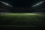 Spotlit empty green grass in the middle of a grand football stadium. Generative AI