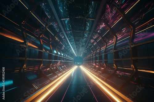 A 3D rendering of a futuristic speed tunnel with abstract lights and a space-traveling vibe. Generative AI