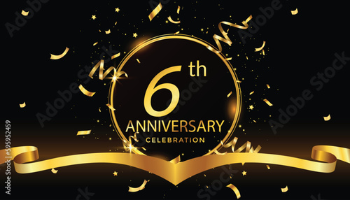 41st Years Anniversary Celebration Gold Number And Golden Ribbons With Fireworks On Dark Background. Vector Illustration