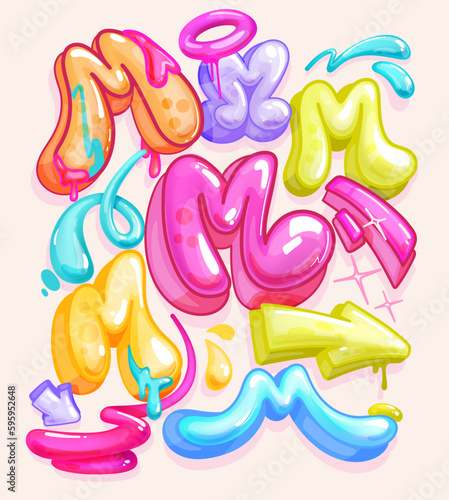 Cartoon bubble slime letters  m  colorful set for kids design 