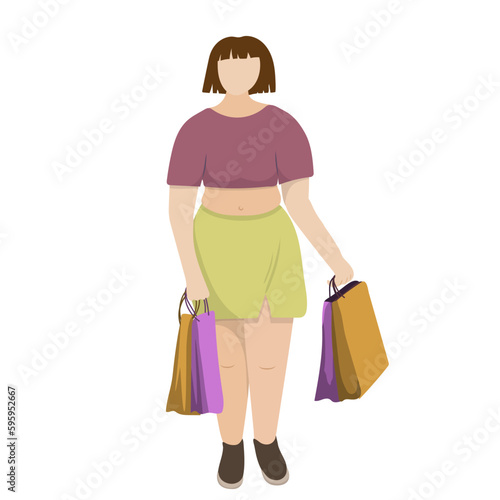 Plump woman with purchases in large packages. Shopping, sale. body positivity