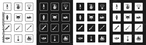 Set Box flying on parachute, Viking horned helmet, Human target sport for shooting, Military knife, jeep, Hand grenade, Medieval spear and Rocket launcher icon. Vector photo