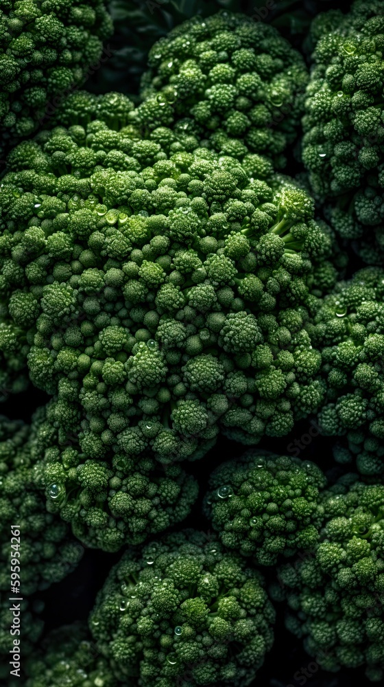 Top down view of fresh broccoli with waterdrops. AI Generative Art. Top down view of fresh broccoli with waterdrops. AI Generative Art.