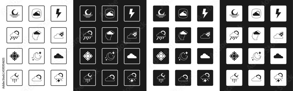 Set Lightning bolt, Man having headache, Cloud with rain and sun, Sunset, Rainbow clouds, Weather forecast, and Snowflake icon. Vector