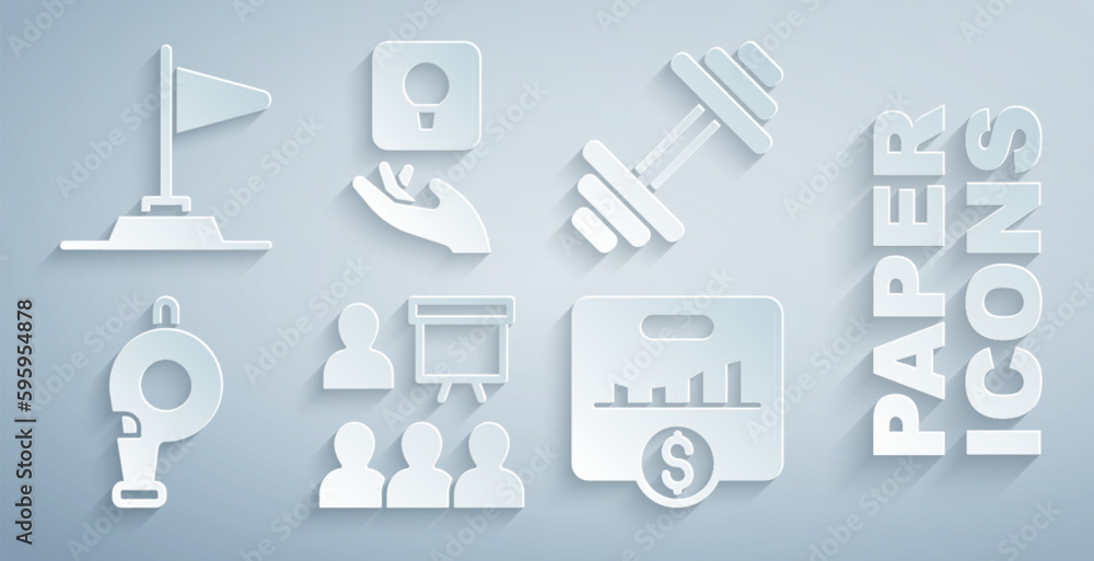 Fototapeta premium Set Training, presentation, Dumbbell, Whistle, Key performance indicator, Light bulb and Flag icon. Vector