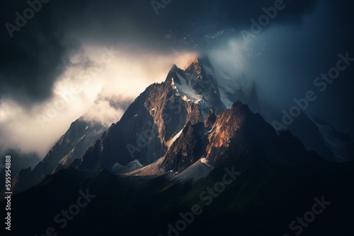 Majestic mountain with huge clouds, bright light above and below. Generative AI