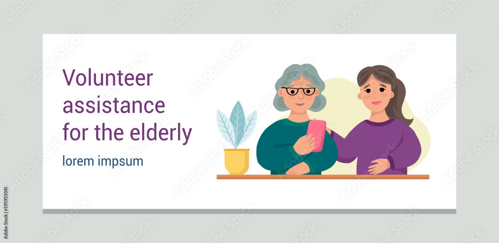 Volunteer assistance for the elderly. A volunteer girl helps an elderly woman. Computer literacy. User of Internet applications. Vector banner template. Volunteer assistance for the elderly. A volunteer girl helps an elderly woman. Computer literacy. User of Internet applications. Vector banner template.