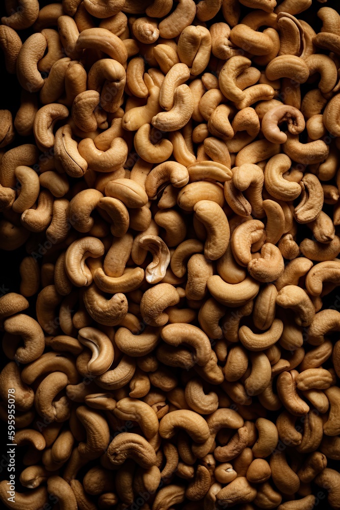 Top down view of fresh cashew nuts. AI Generative Art. Top down view of fresh cashew nuts. AI Generative Art.