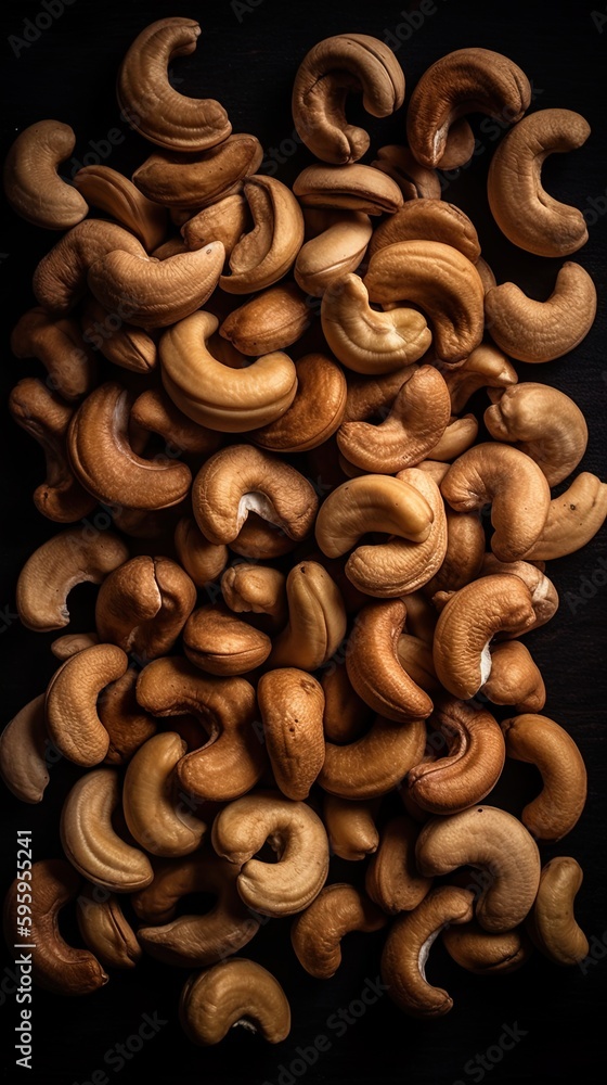 Top down view of fresh cashew nuts. AI Generative Art. Top down view of fresh cashew nuts. AI Generative Art.