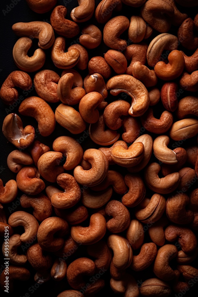 Top down view of fresh cashew nuts. AI Generative Art. Top down view of fresh cashew nuts. AI Generative Art.