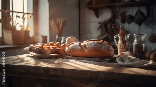 Homemade freshly baked bread in kitchen on wooden table with sunlight from window. artistic still life, generated by artificial intelligence