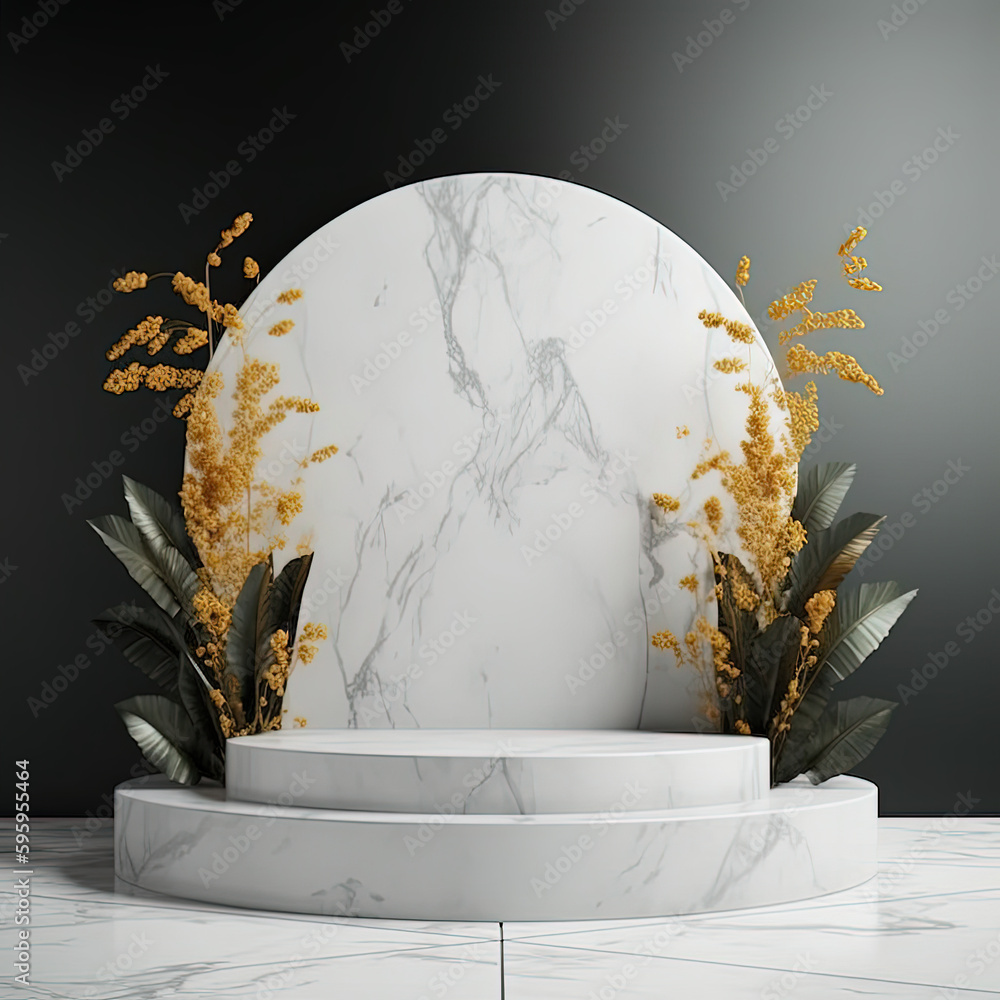 3D background, podium display, natural, white, black and golden marble banner backdrop with light and shadow, product promotion beauty cosmetic