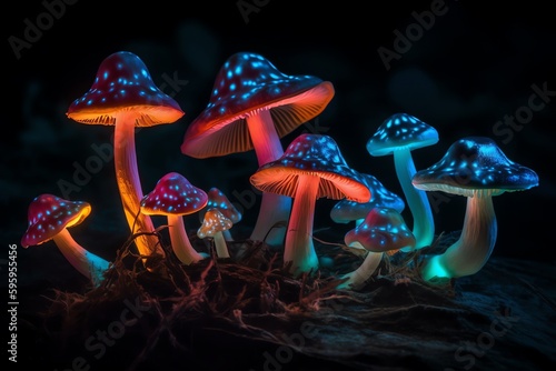 Mystic luminescent mushrooms with glowing spots and psychedelic fluorescent colors. Generative AI