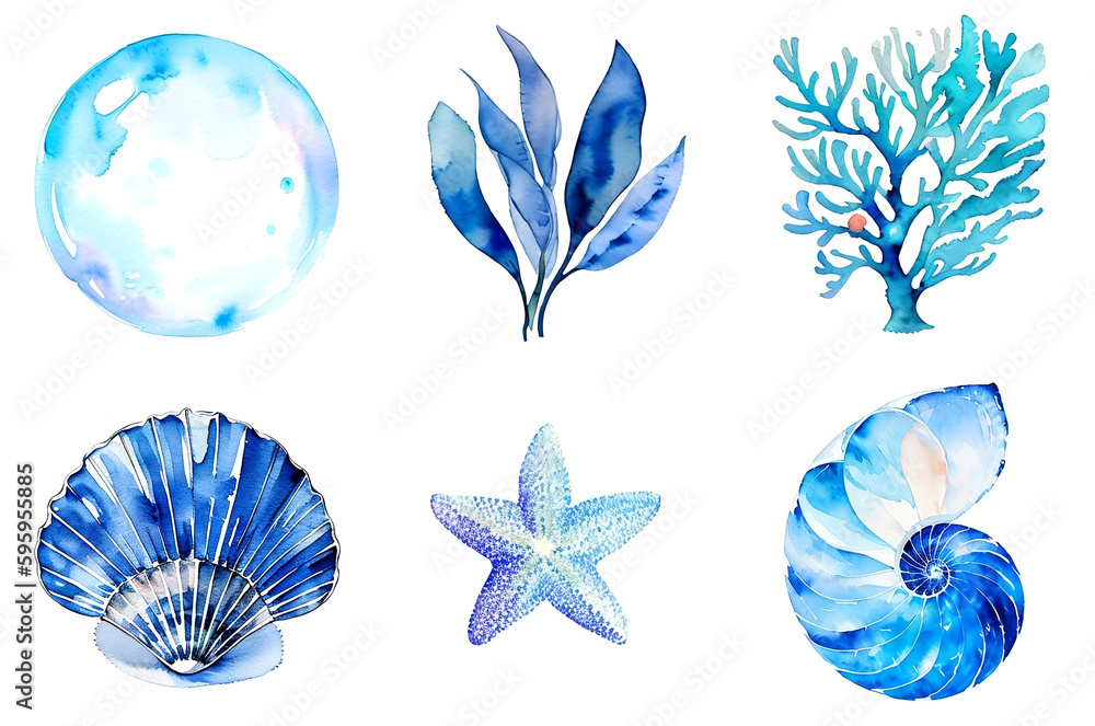 Watercolor sea themed collection, generative ai Watercolor sea themed collection, generative ai