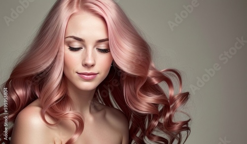 Beautiful pink haired woman with long shiny hair, generative ai image, fashion, beauty