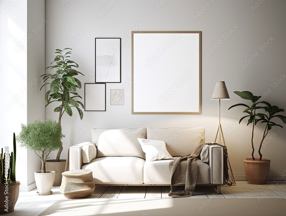Interior living room wall mockup with sofa and light grey, brown and wood decor on white background. Interior living room wall mockup with sofa and light grey, brown and wood decor on white background.