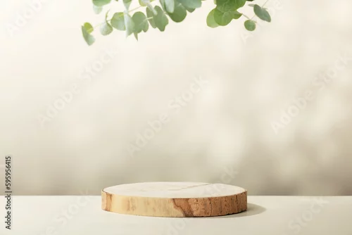 Obraz Wood slice podium with eucalyptus leaves on beige background for cosmetic product mockup