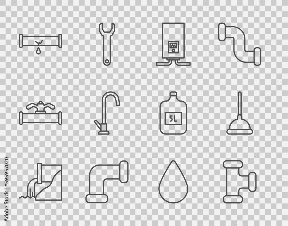 Set line Wastewater, Industry metallic pipe, Gas boiler with burning fire, Broken leaking, Water tap, drop and Rubber plunger icon. Vector Set line Wastewater, Industry metallic pipe, Gas boiler with burning fire, Broken leaking, Water tap, drop and Rubber plunger icon. Vector
