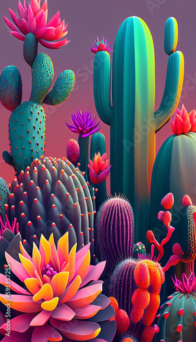 different types of cacti outdoors with a colorful background. Vibrant plant in a burst of color constantly changing world. Ai generated.