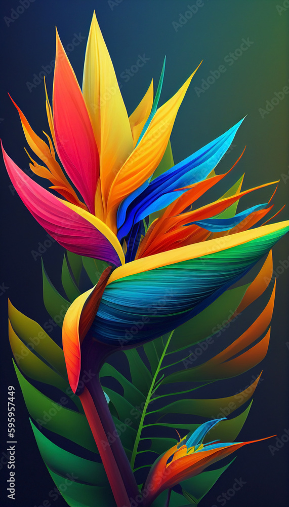 Bird of Paradise flower in a colorful background. Rainbow vibrant plant in a burst of color constantly changing world. Ai generated.