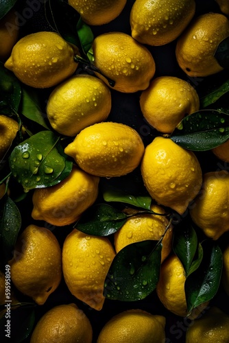 Top down view of fresh lemons with waterdrops. AI Generative Art.