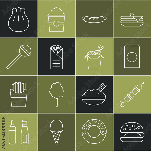 Set line Burger, Grilled shish kebab, Soda can with straw, Hotdog sandwich, Doner, Lollipop, Khinkali cutting board and Asian noodles chopsticks icon. Vector