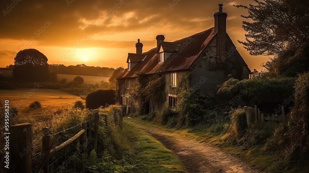 Beautiful English cottage in the golden hour, generative ai