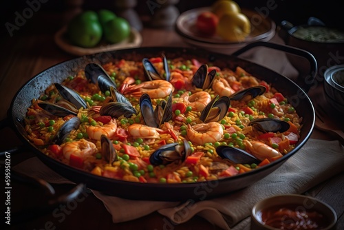 Delicious paella with prawns and mussels, generative ai
