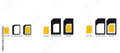 Sim cards isolated. Mini micro nano sim card for mobile phone technology. Phone chip, sim card of different sizes on a white background eps10