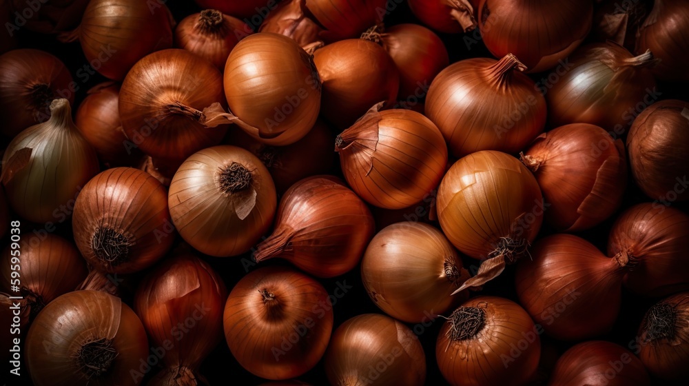 Top down view of fresh onions with waterdrops. AI Generative Art. Top down view of fresh onions with waterdrops. AI Generative Art.