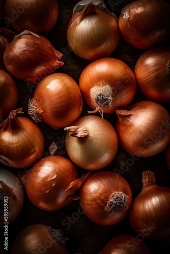 Top down view of fresh onions with waterdrops. AI Generative Art.