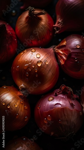Top down view of fresh onions with waterdrops. AI Generative Art.