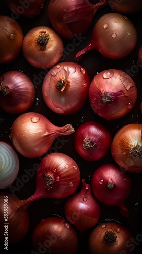Top down view of fresh onions with waterdrops. AI Generative Art.